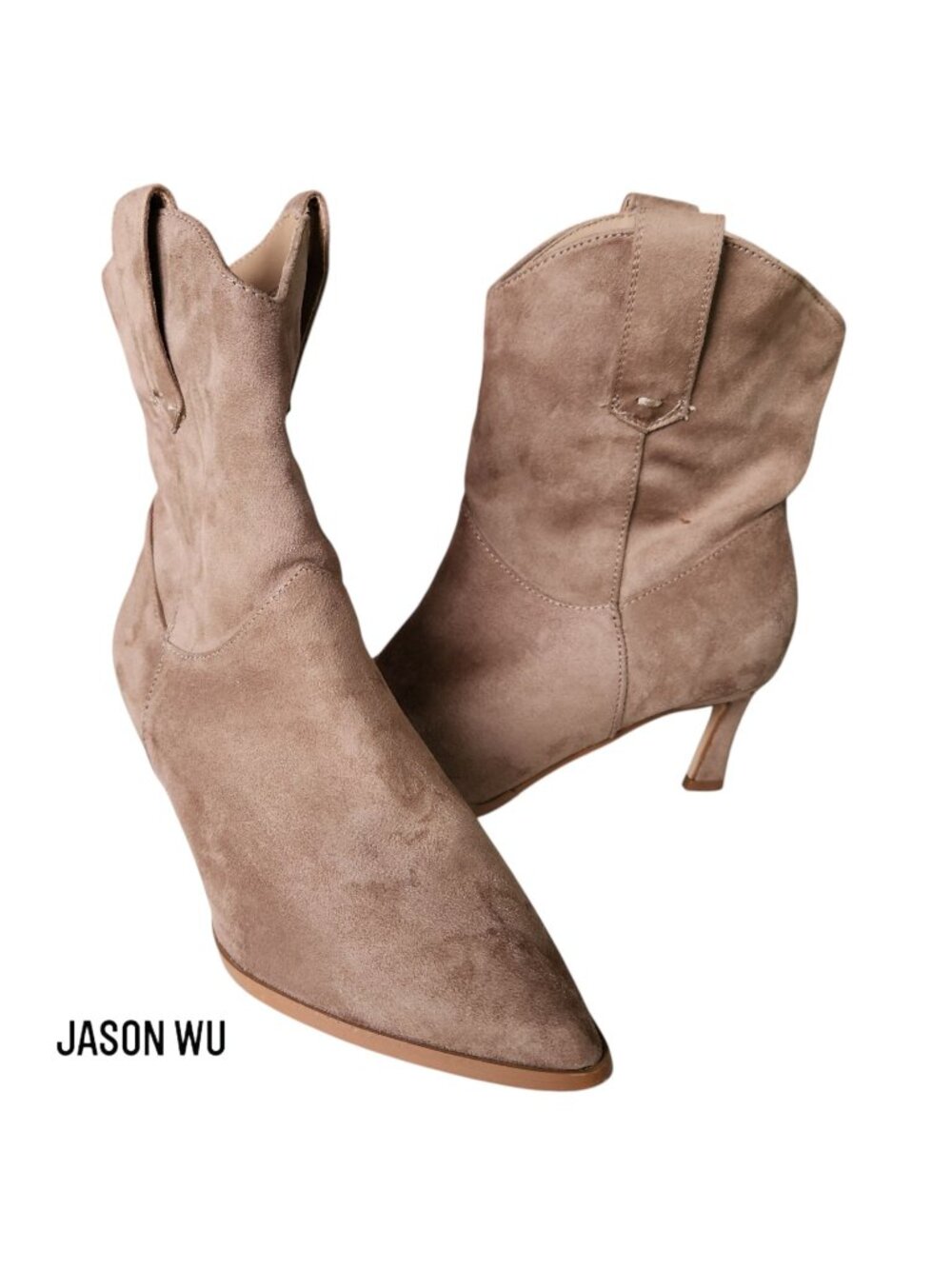Jason Wu Kodey Suede Western Ankle Boots Taupe Pointed Toe Kitten Heel Sz 7